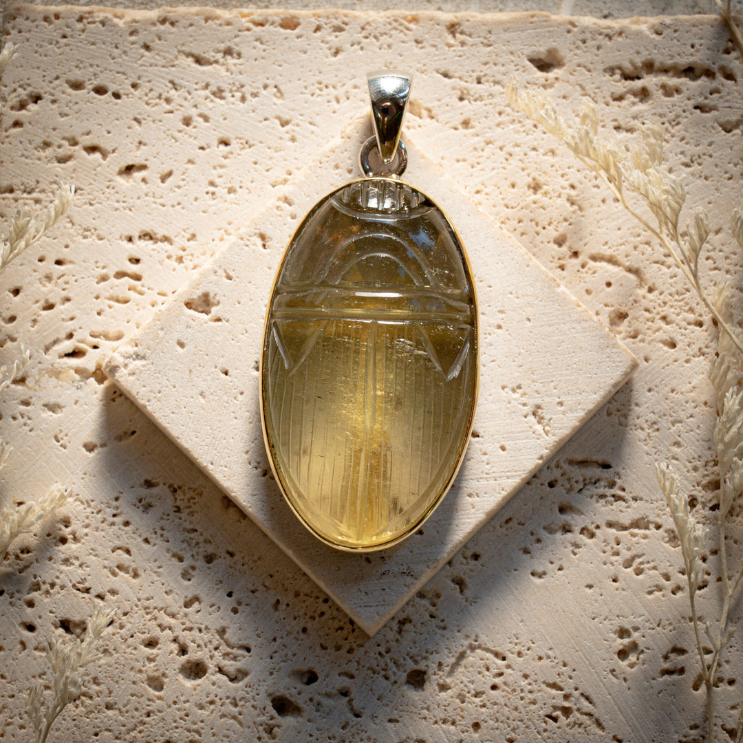 XL Gold Tektite Scarab Ankh Pendant