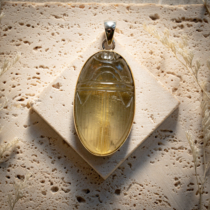 XL Gold Tektite Scarab Ankh Pendant