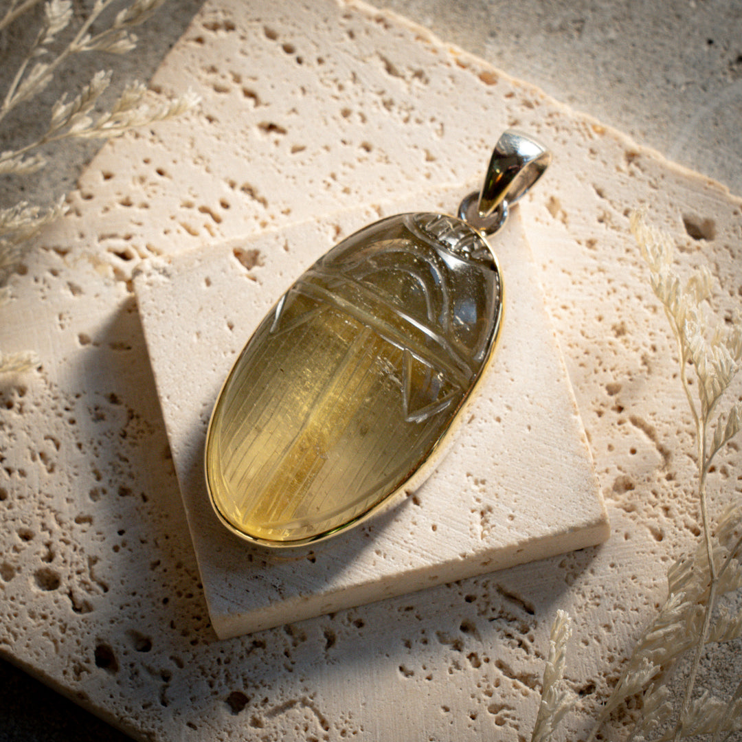 XL Gold Tektite Scarab Ankh Pendant