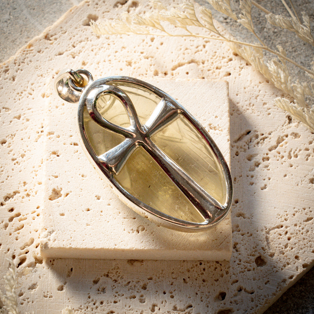 XL Gold Tektite Scarab Ankh Pendant