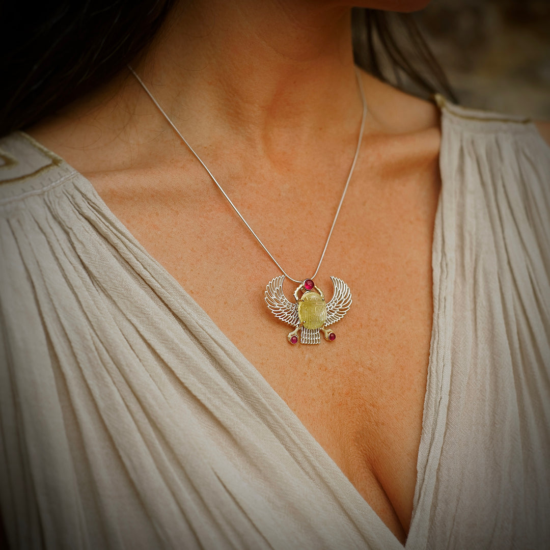 Gold Tektite Winged Scarab Pendant