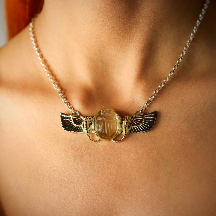 Gold Tektite Winged Scarab Necklace