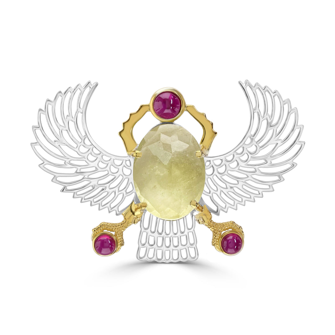 Libyan golden tektite faceted winged scarab with ankh silver gold
