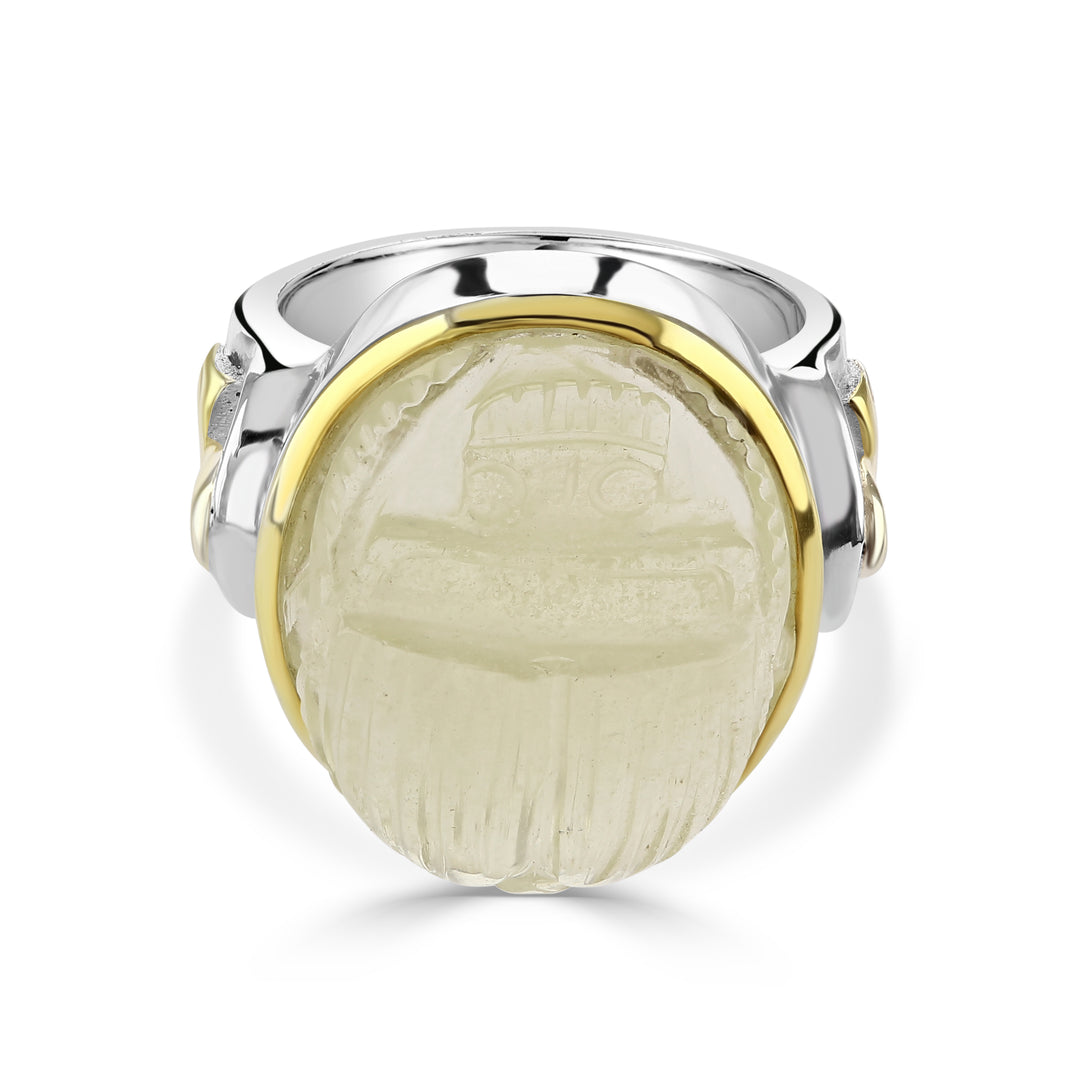 Libyan golden tektite scarab ring with ankh silver gold