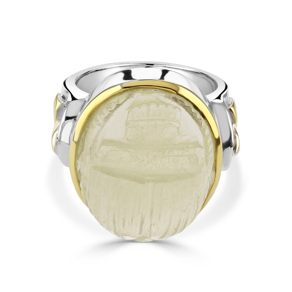 Libyan golden tektite scarab ring with ankh silver gold