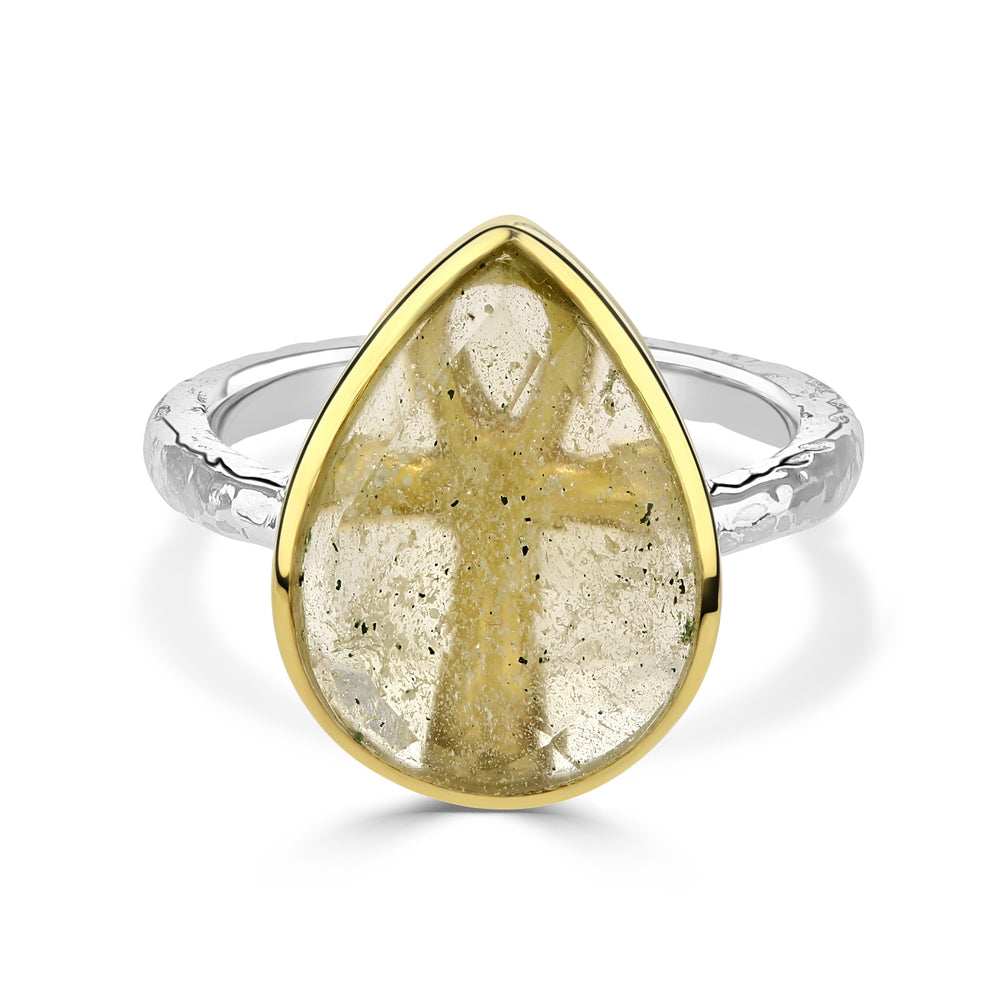 Libyan golden tektite ring with ankh silver gold